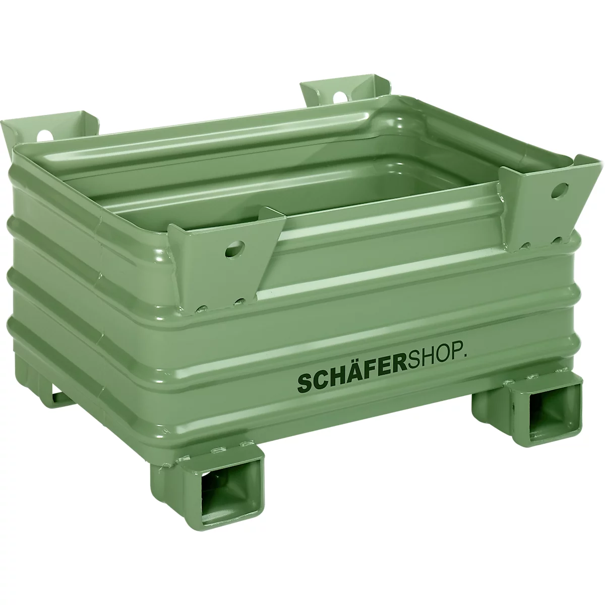 Hellgrüne, stapelbare Metallkiste mit dem Schriftzug „SCHÄFERSHOP.“