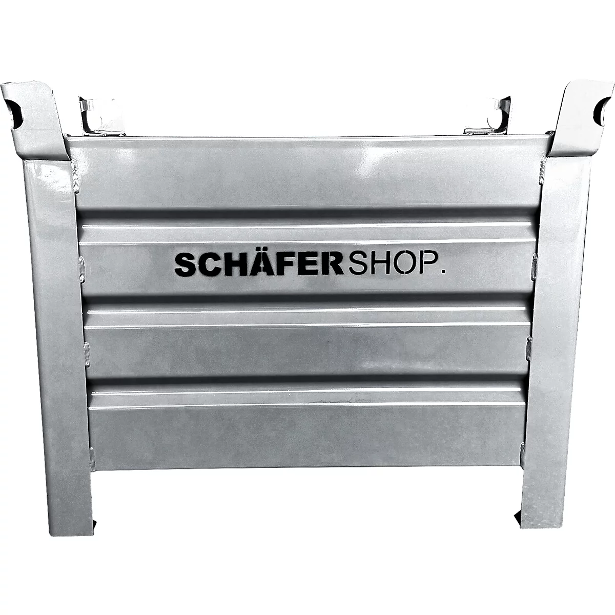 Graue Metallbox mit "SCHÄFER SHOP"-Schriftzug.