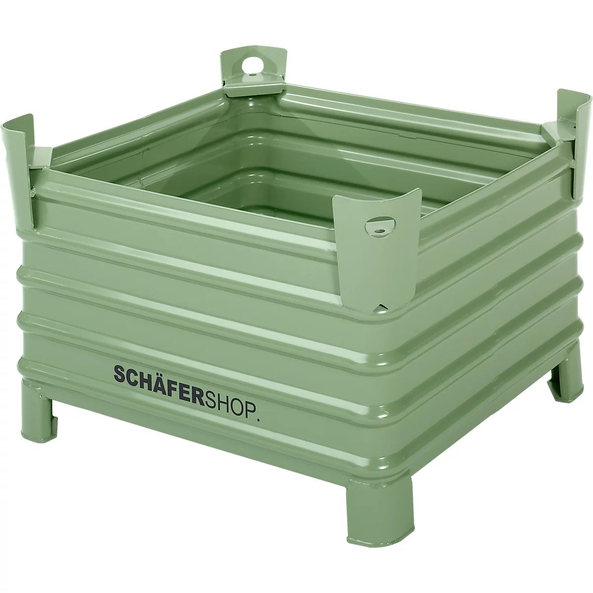 Hellgrüne, gefaltete Stahlbox, mit der Aufschrift SCHÄFERSHOP. Das Produkt hat Füße und Griffe.