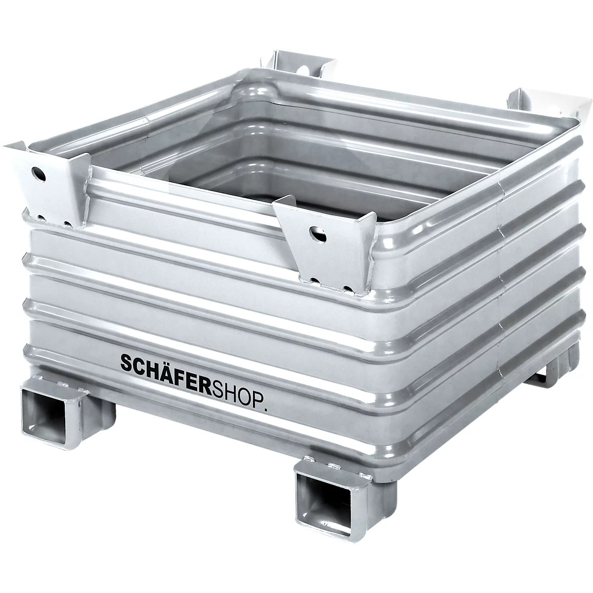 Ein silberfarbener, rechteckiger Transportbehälter mit dem Schriftzug "SCHÄFERSHOP". Die Seiten sind geriffelt.