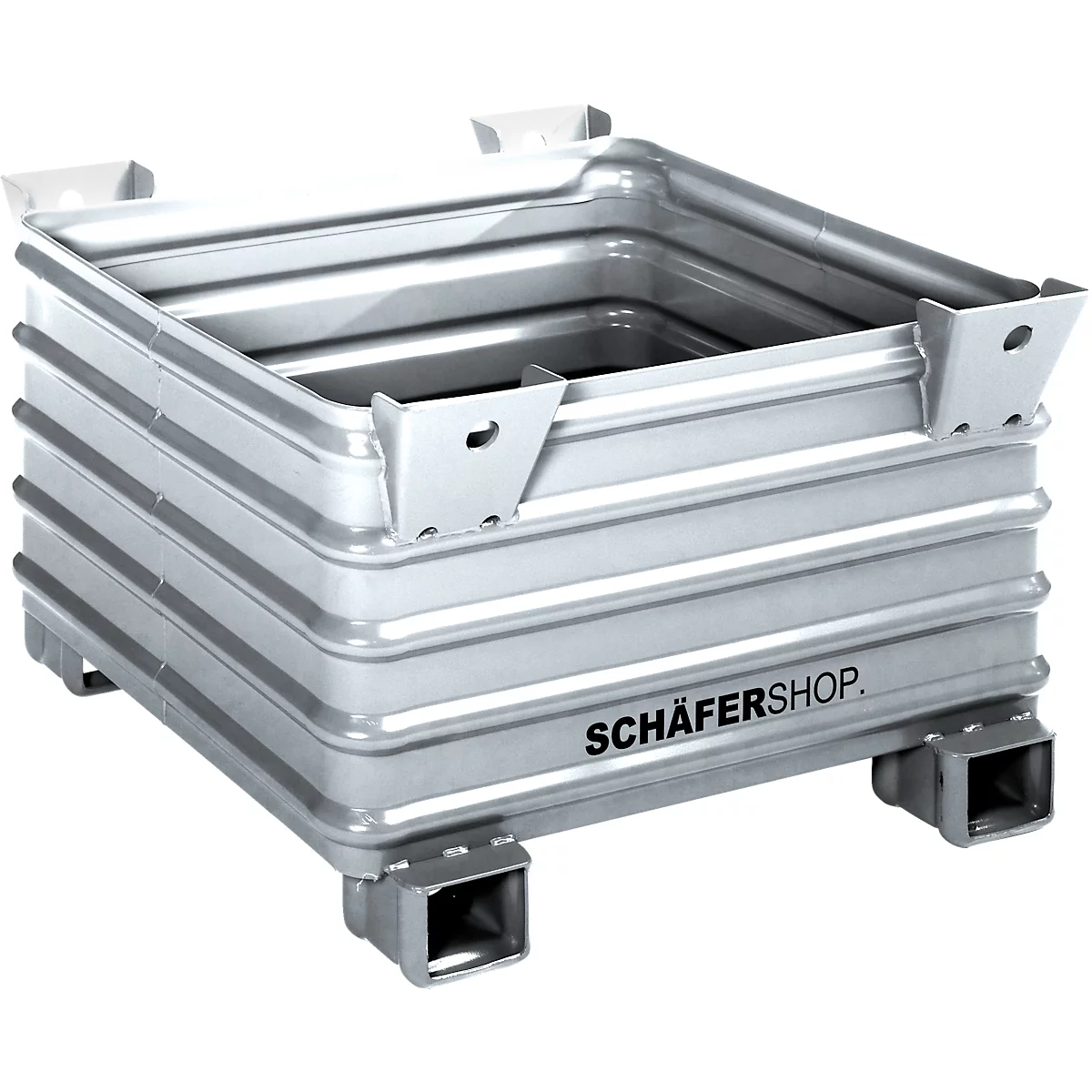 Silberne, quaderförmige Metallbox mit geriffelten Seiten, Tragegriffen und Schriftzug SCHÄFERSHOP.