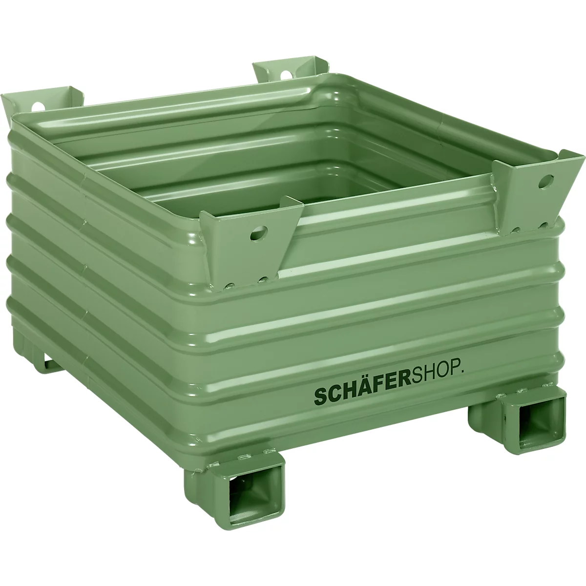 Grüne, quaderförmige Stapelbox mit Füßen und Verstrebungen, Aufschrift 'SCHÄFERSHOP'.