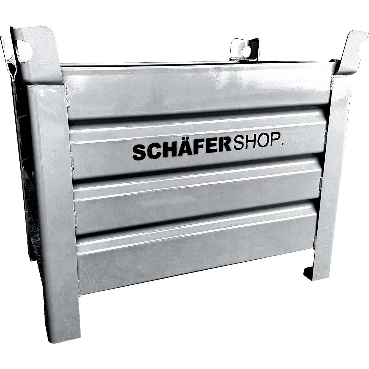 Grauer Metallbehälter, der das Label SCHÄFER SHOP trägt.