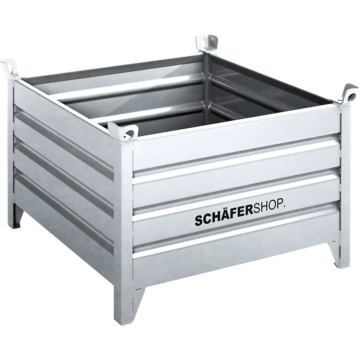 Quadratischer Metallbehälter mit Griffen und Logo.