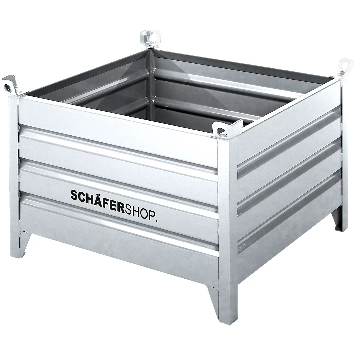 Quadratischer Metallbehälter, silberfarben, mit Rippen an den Seiten, auf vier Beinen, mit Henkeln. Aufschrift: SCHÄFERSHOP.