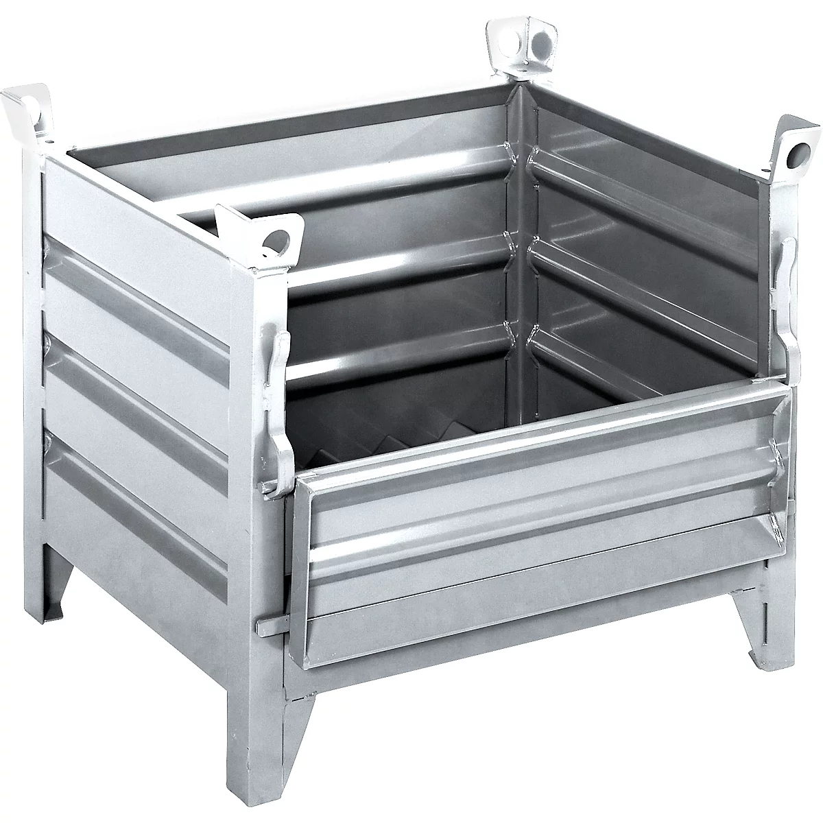 Quadratischer Metallbehälter mit geriffelten Seiten, Standfüßen und Griffen. Die Frontseite ist zum Teil geöffnet.