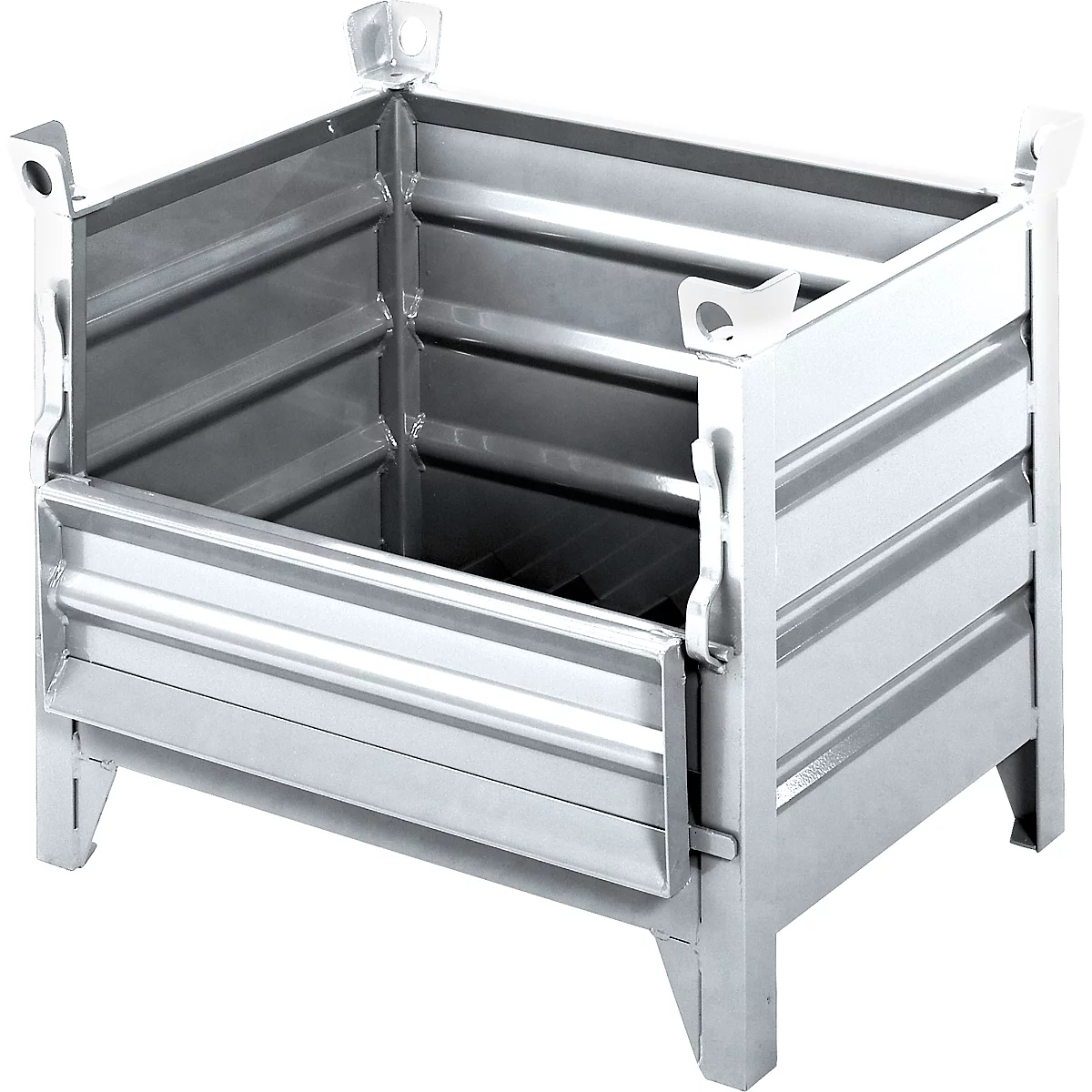 Offene, metallische Box, mit verstärkten Seiten und Füßen. Mit Griffen und einem Deckel.