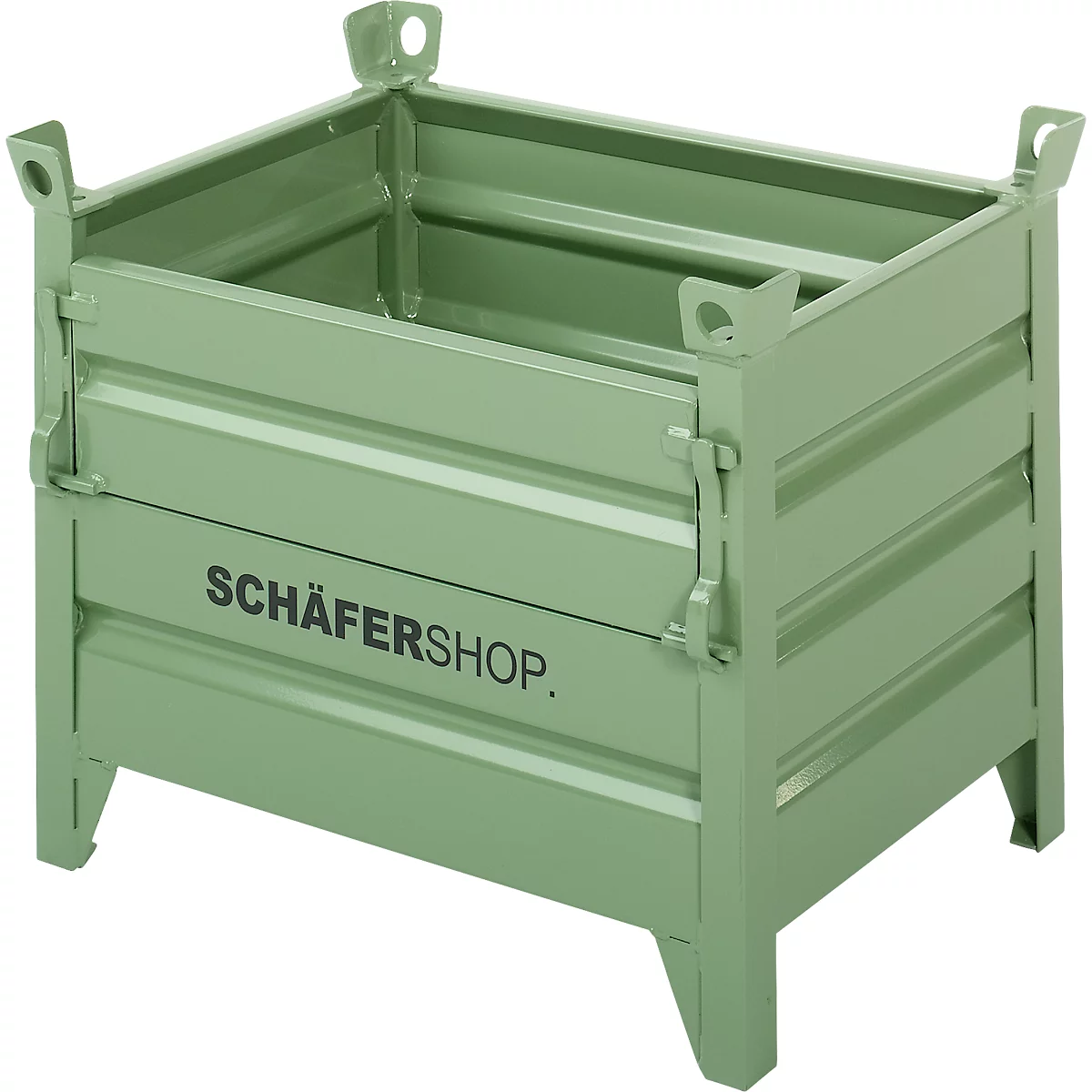 Grüner Stahlbehälter mit dem Schriftzug SCHÄFERSHOP.