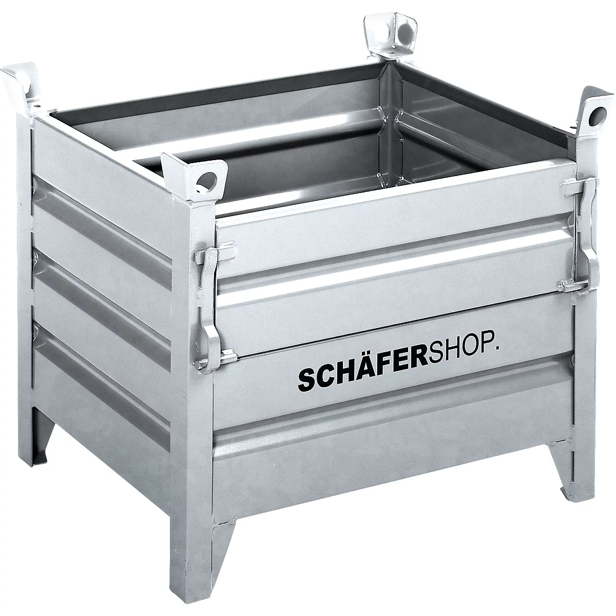 Quadratischer, silberfarbener Behälter aus Metall, mit Tragevorrichtungen und der Aufschrift SCHÄFERSHOP.