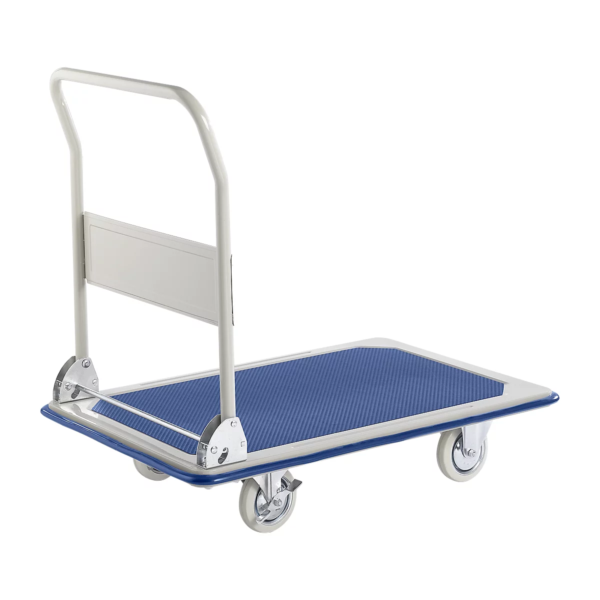 Blue and silver platform cart with handle and four wheels. The loading surface is textured.