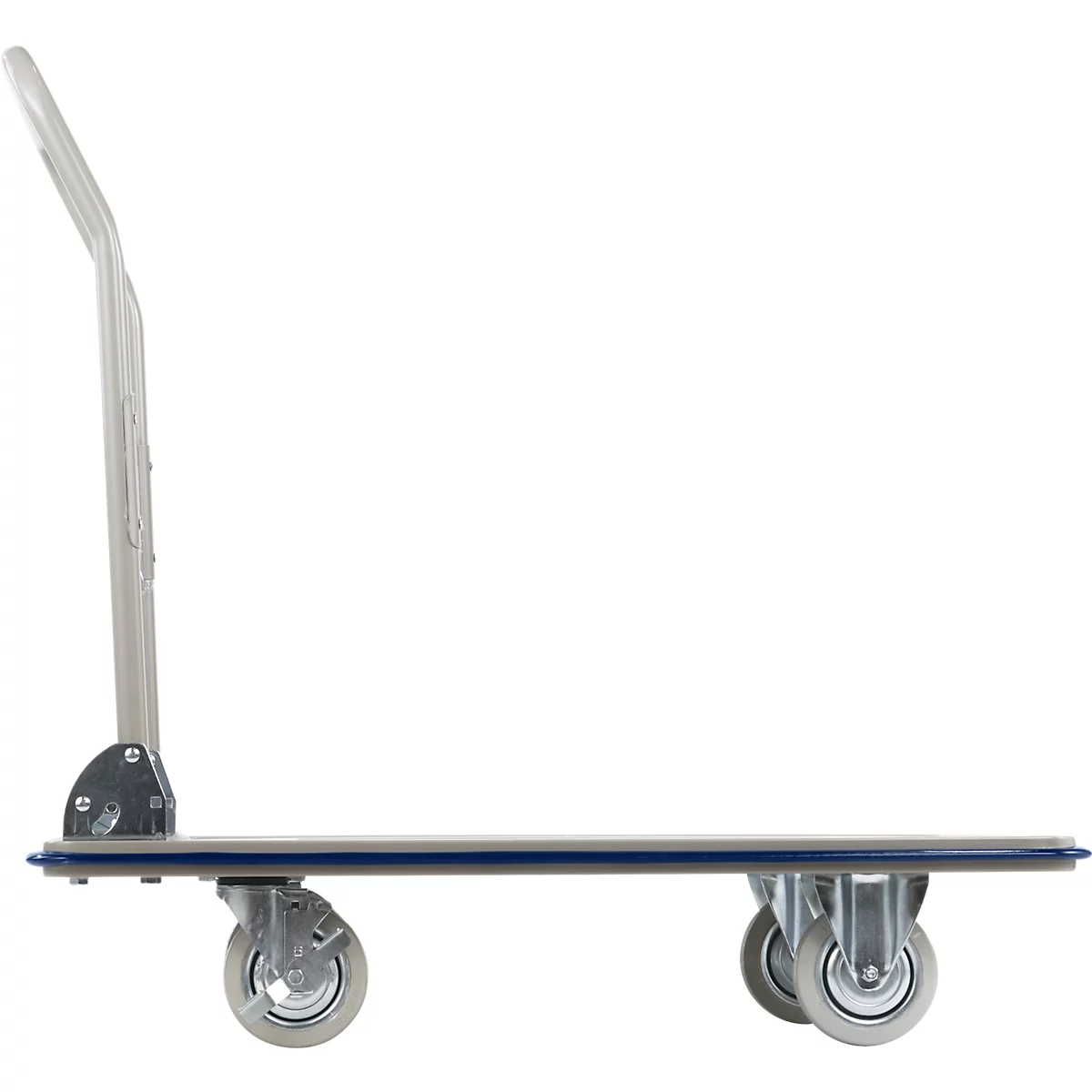 Side view of a gray platform truck with handle and four wheels.