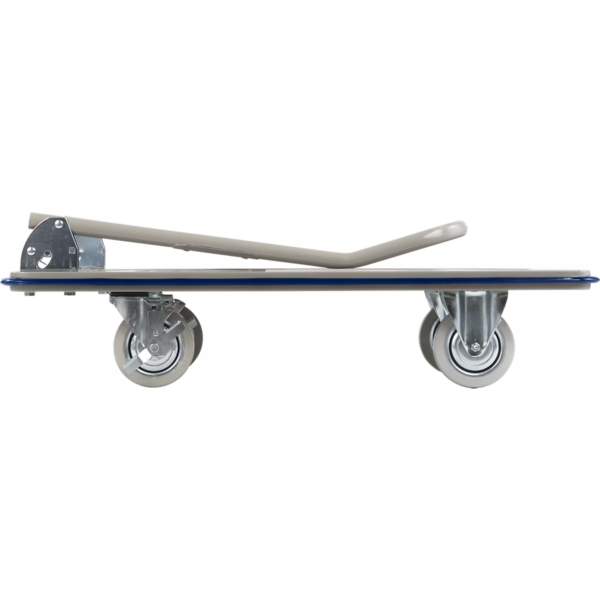 Side view of a gray transport cart with wheels and handle.