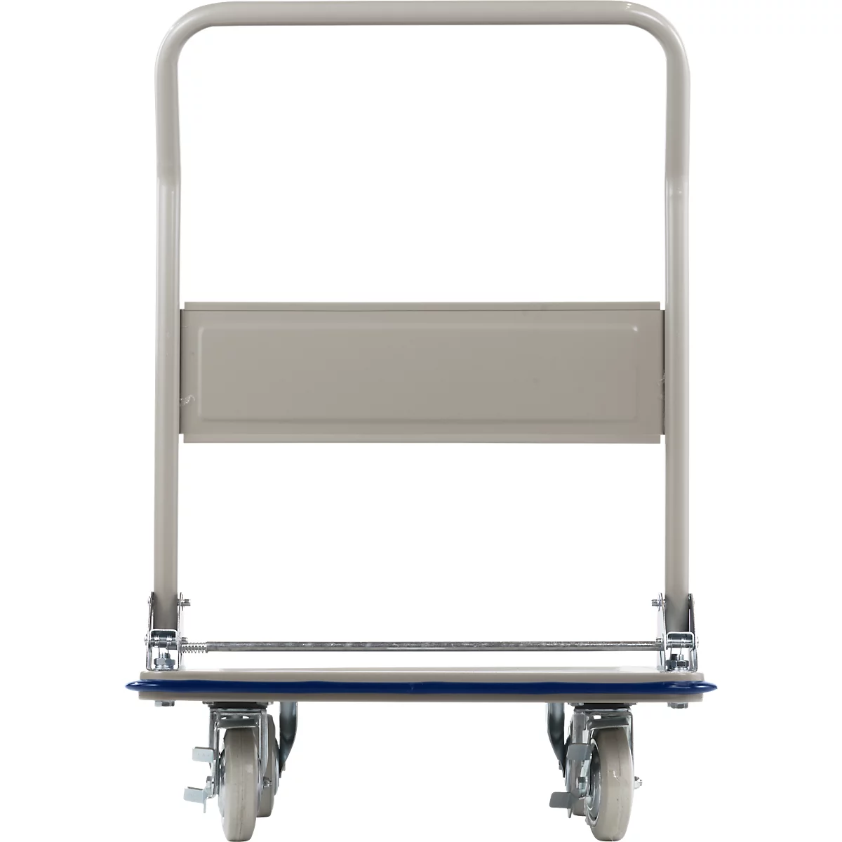 A gray transport cart with four wheels stands against a white background. The cart has a loading area and a handle.