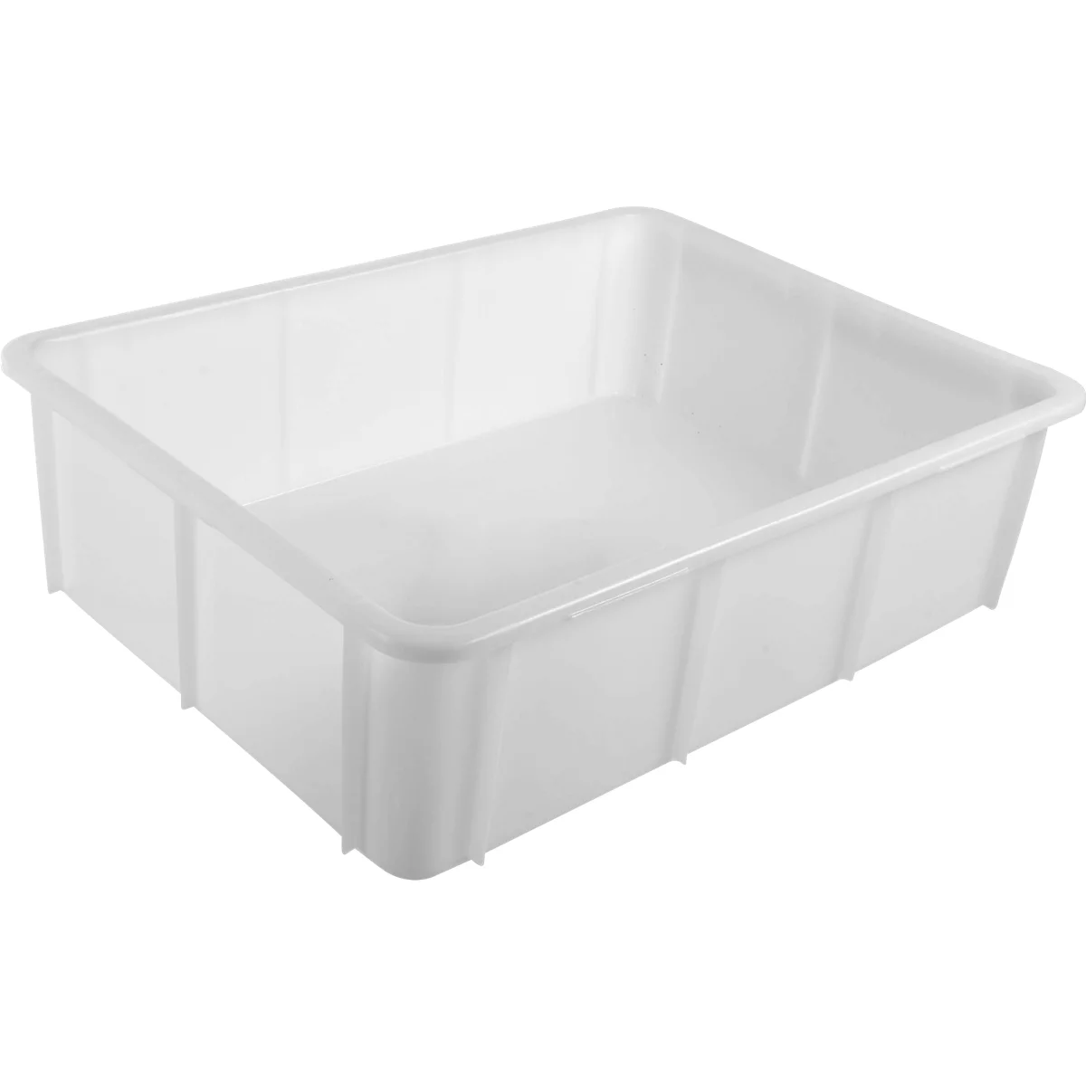 Witte, rechthoekige plastic doos. De doos is leeg, met afgeronde randen en verticale verstevigingen aan de zijkanten.