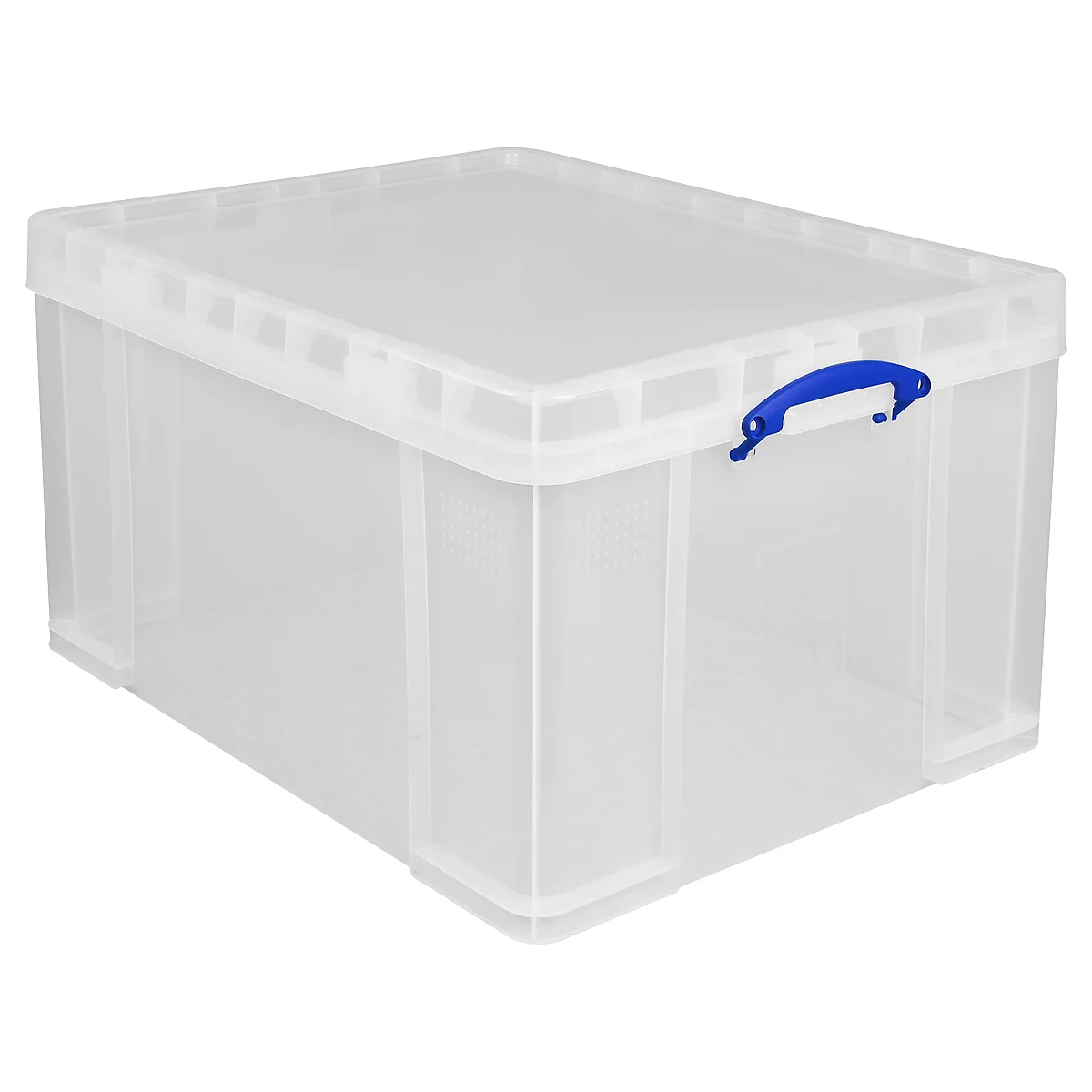 Transparante plastic doos met deksel en blauwe handgreep.