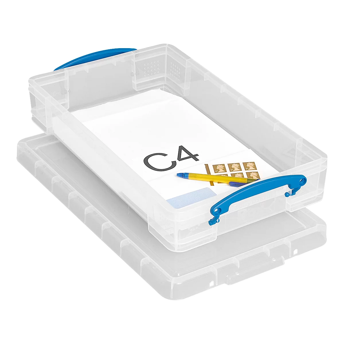 Transparante plastic doos met blauwe handgreep, deksel open. Binnenin liggen papieren met de opdruk 'C4' en pennen.
