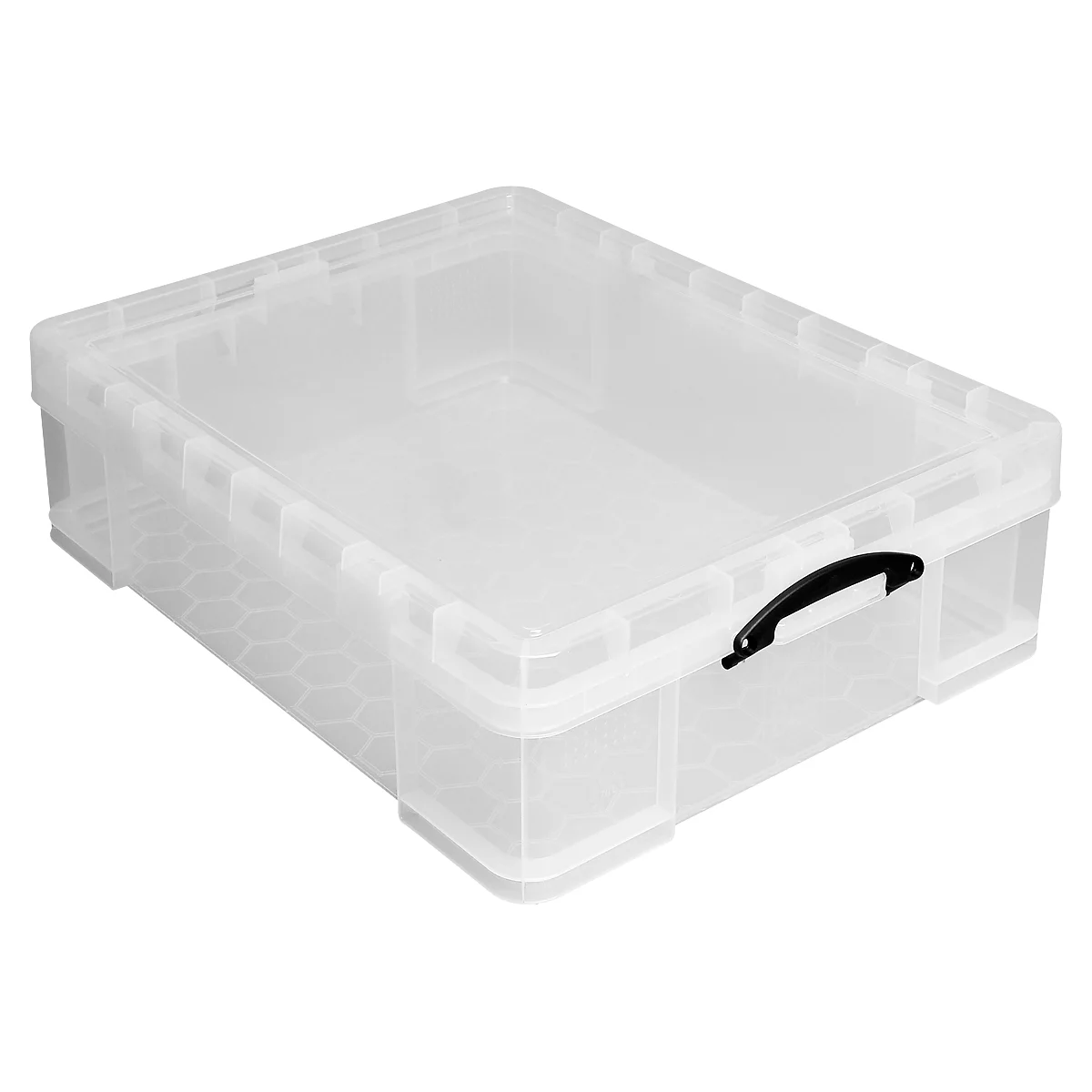 Transparante plastic doos met deksel en zwarte handgreep, schuin van boven gefotografeerd.