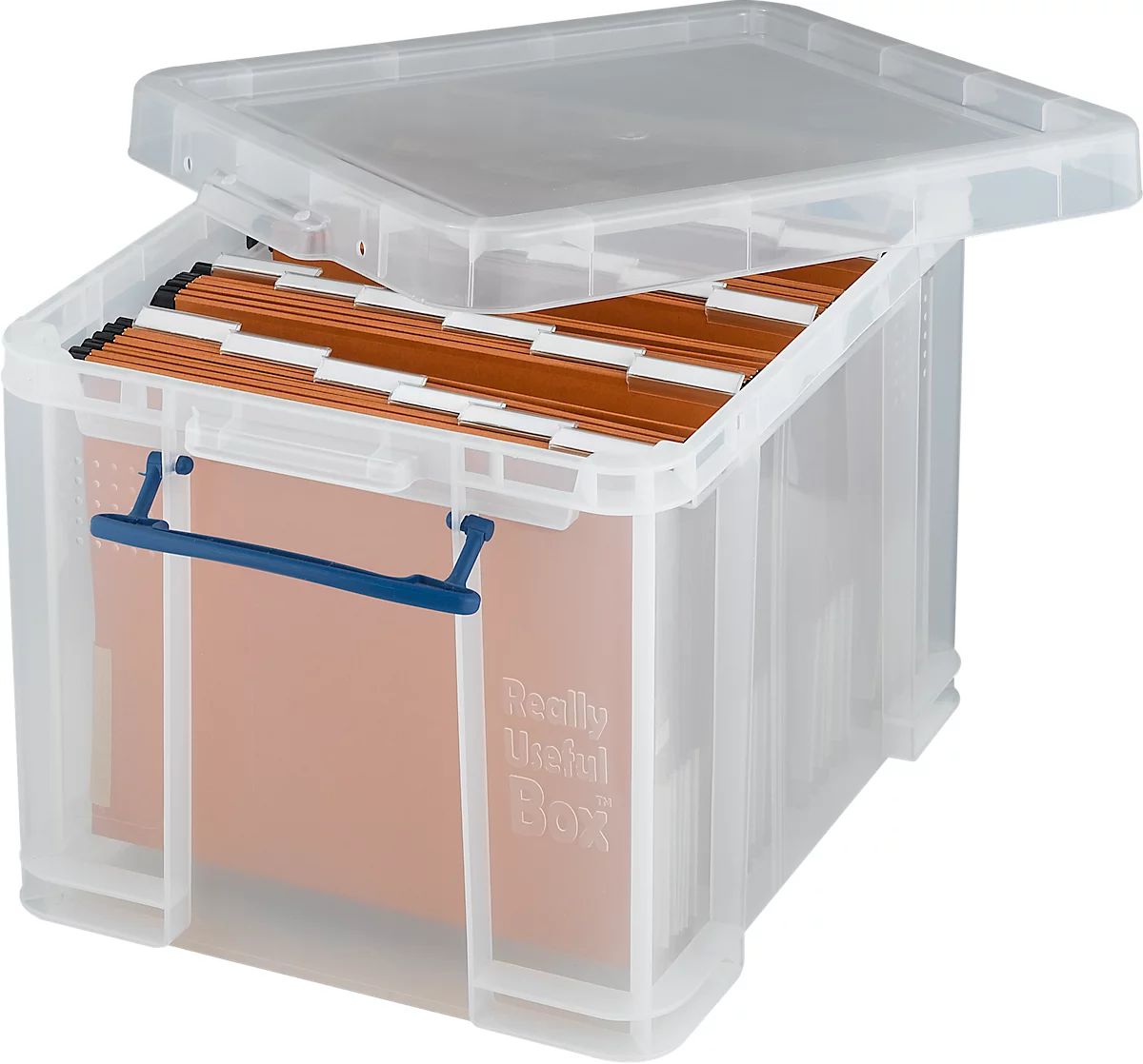 Transportbox Really Useful Box, Volumen 35 l, L 480 x B 390 x H 310 mm, stapelbar, mit Deckel & Klappgriffen, Recycling-PP, transparent