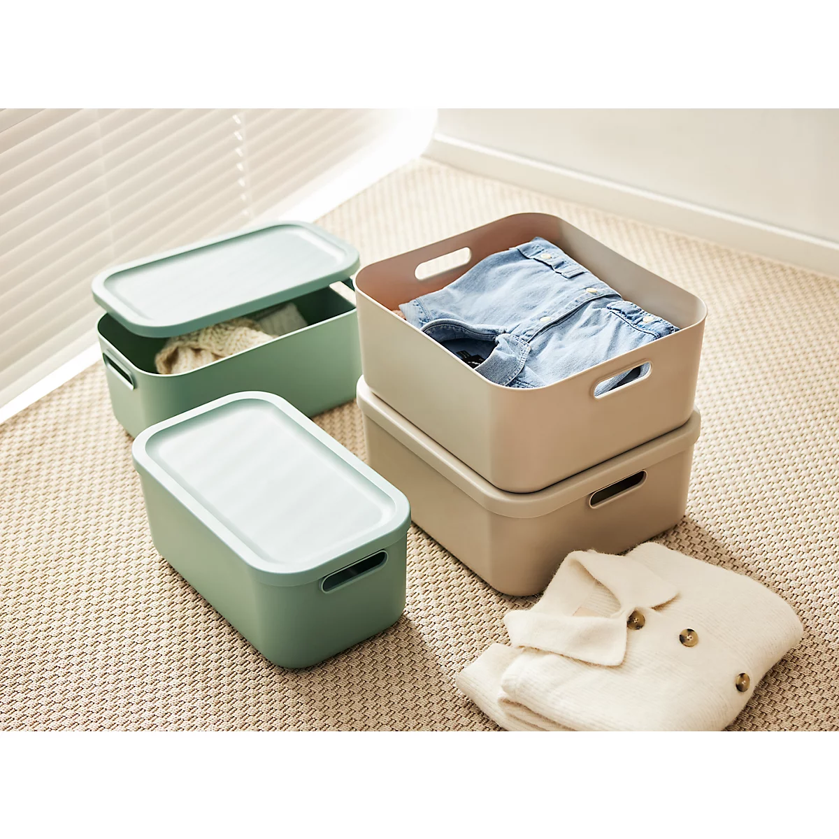 Transportbox Rotho Albula, Volumen 12 l, stapelbar, mit abnehmbarem Deckel und Grifflöchern, L 395 x B 235 x H 177 mm, Recycling-Kunststoff, grün