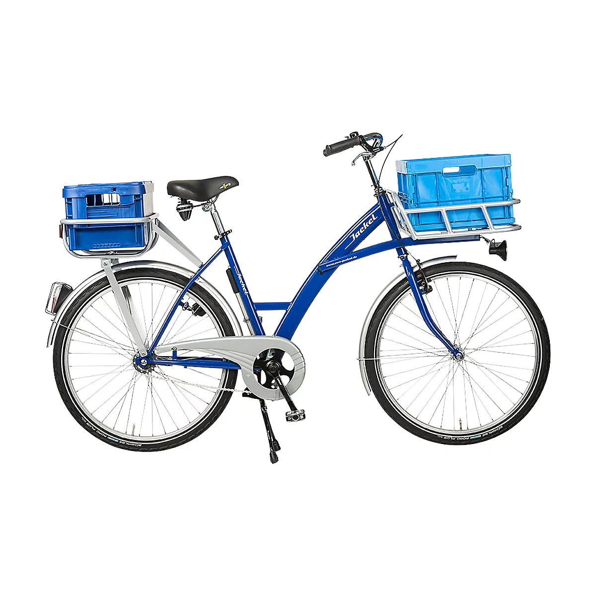 Blaues Transportfahrrad mit Gepäckträgern vorne und hinten, auf denen jeweils eine blaue Kunststoffkiste montiert ist.