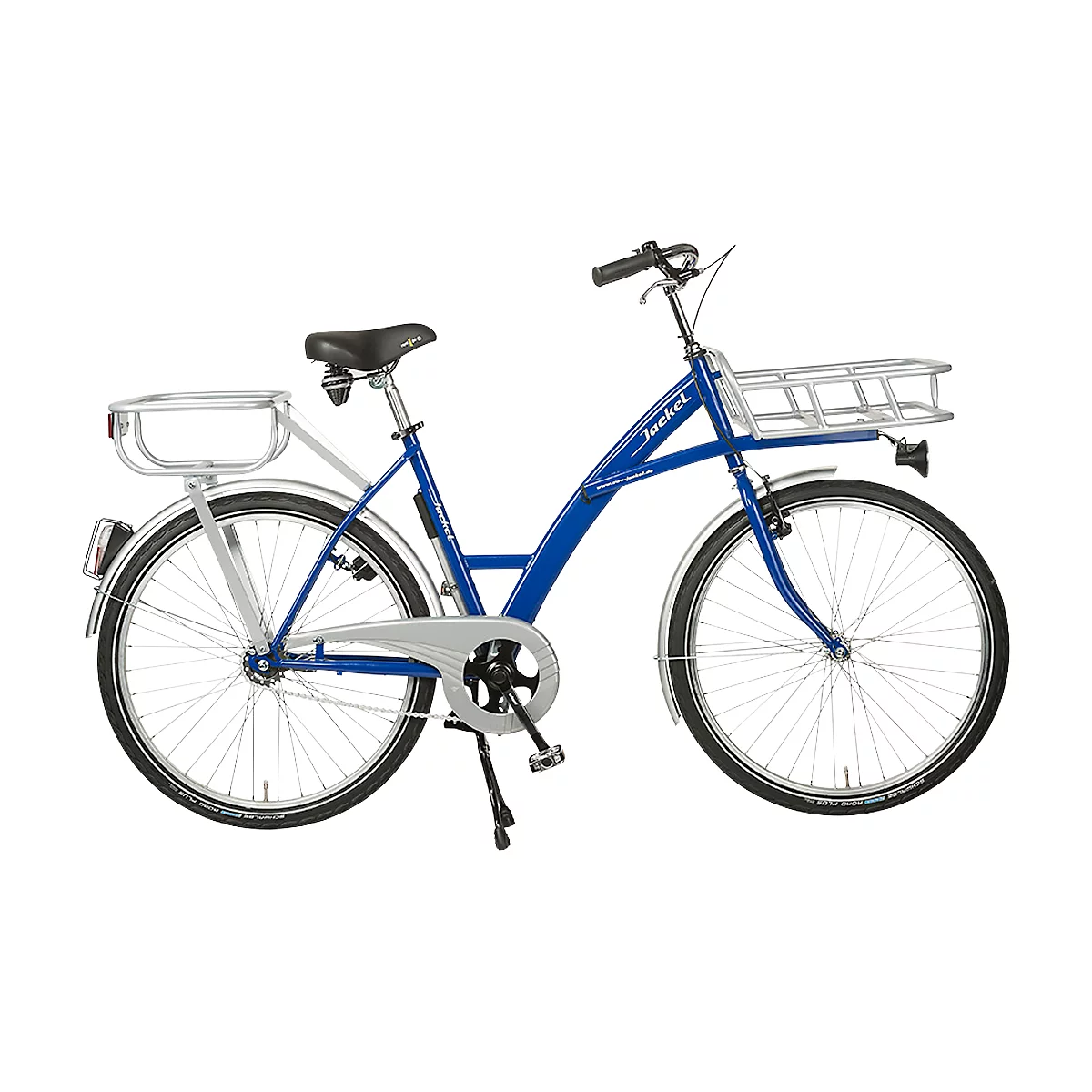 Blaues Cityfahrrad mit Front- und Heckgepäckträger vor weißem Hintergrund.