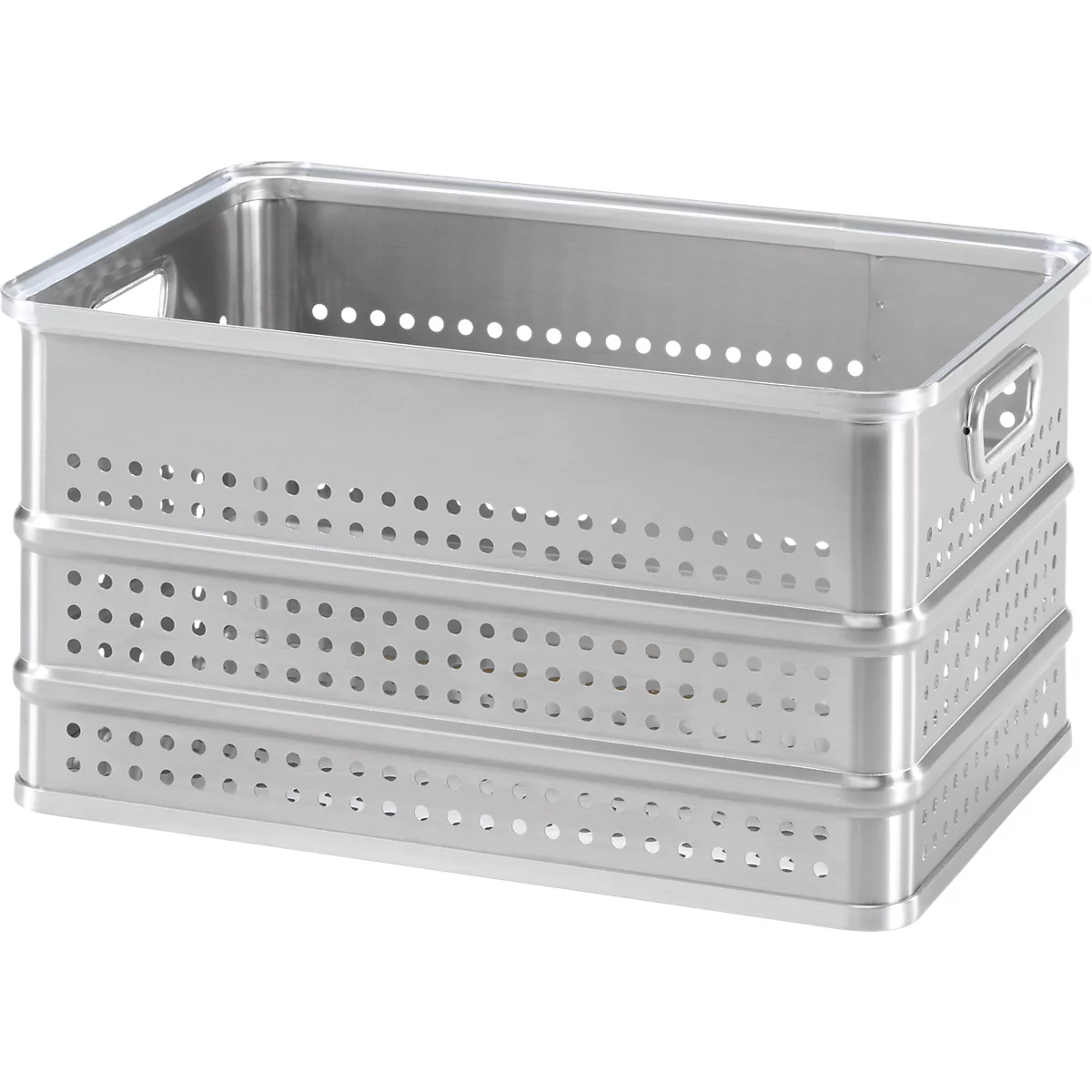 Silberne, rechteckige Aufbewahrungsbox aus Metall mit Lochmuster und Griffen an den Seiten.