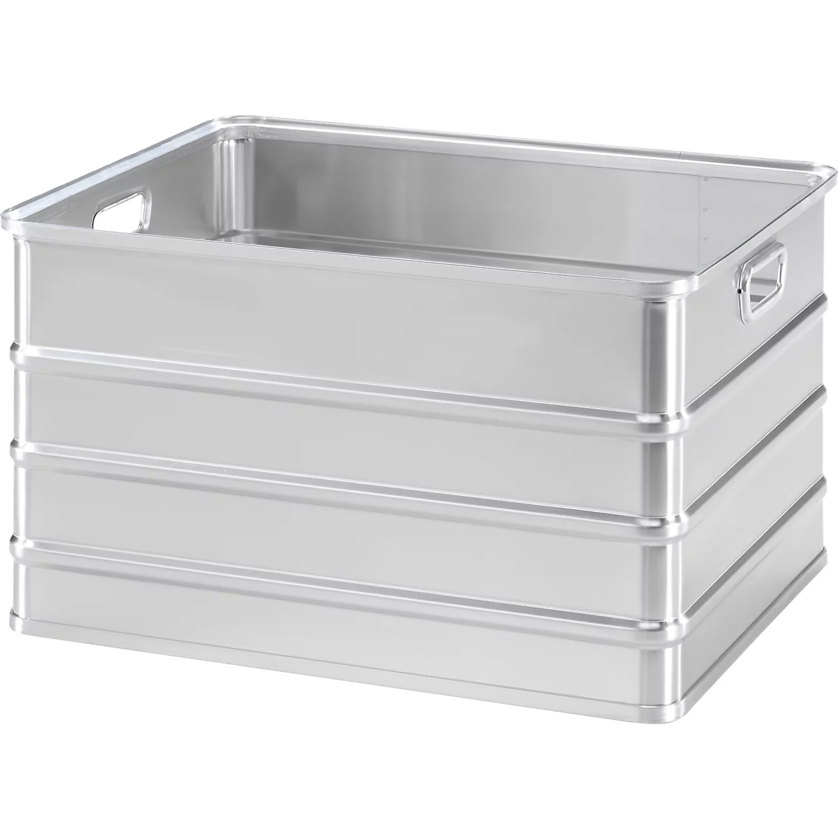 Rechteckiger, glänzender Transportbehälter aus Aluminium mit stabilen Seitenwänden und integrierten Griffen.