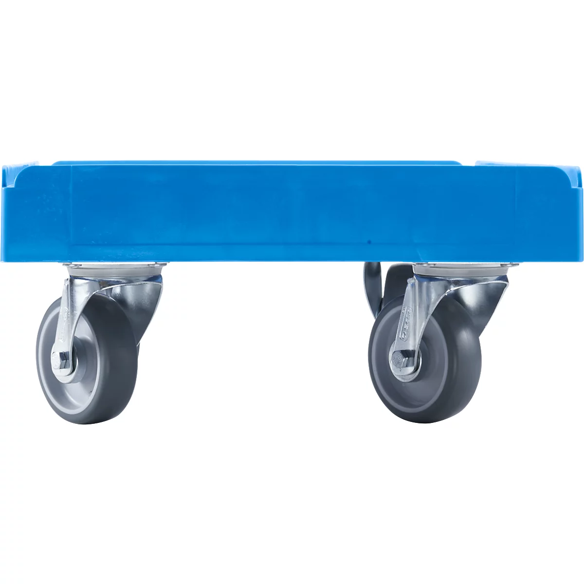 Blauwe transportwagen met vier individueel gemonteerde wielen.