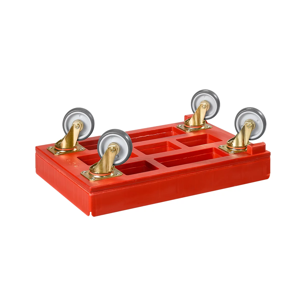 Roter Transportroller mit vier grauen Rollen, goldfarbene Halterungen.