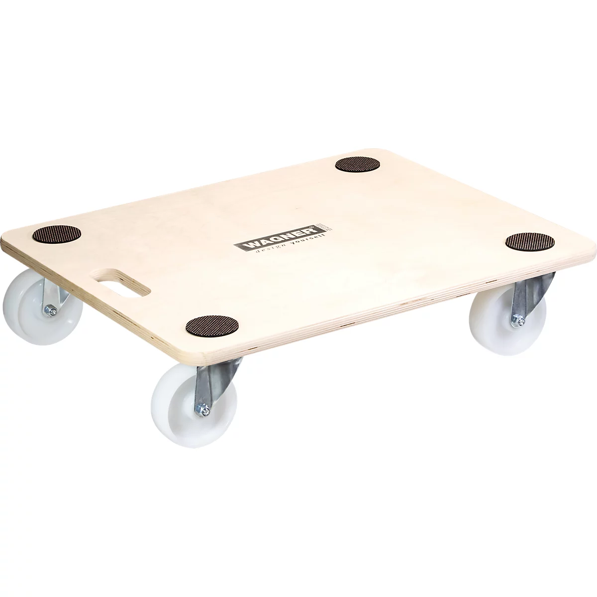 Holzroller mit weissen Rädern, braunen Anti-Rutsch-Pads und dem Schriftzug 'WAGNER'