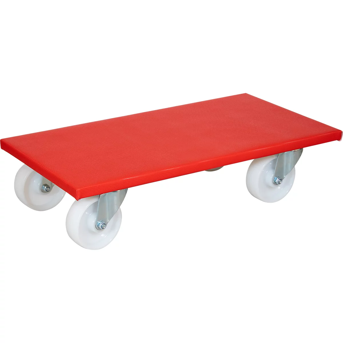 Rote Transportrolle mit vier weißen Rollen.