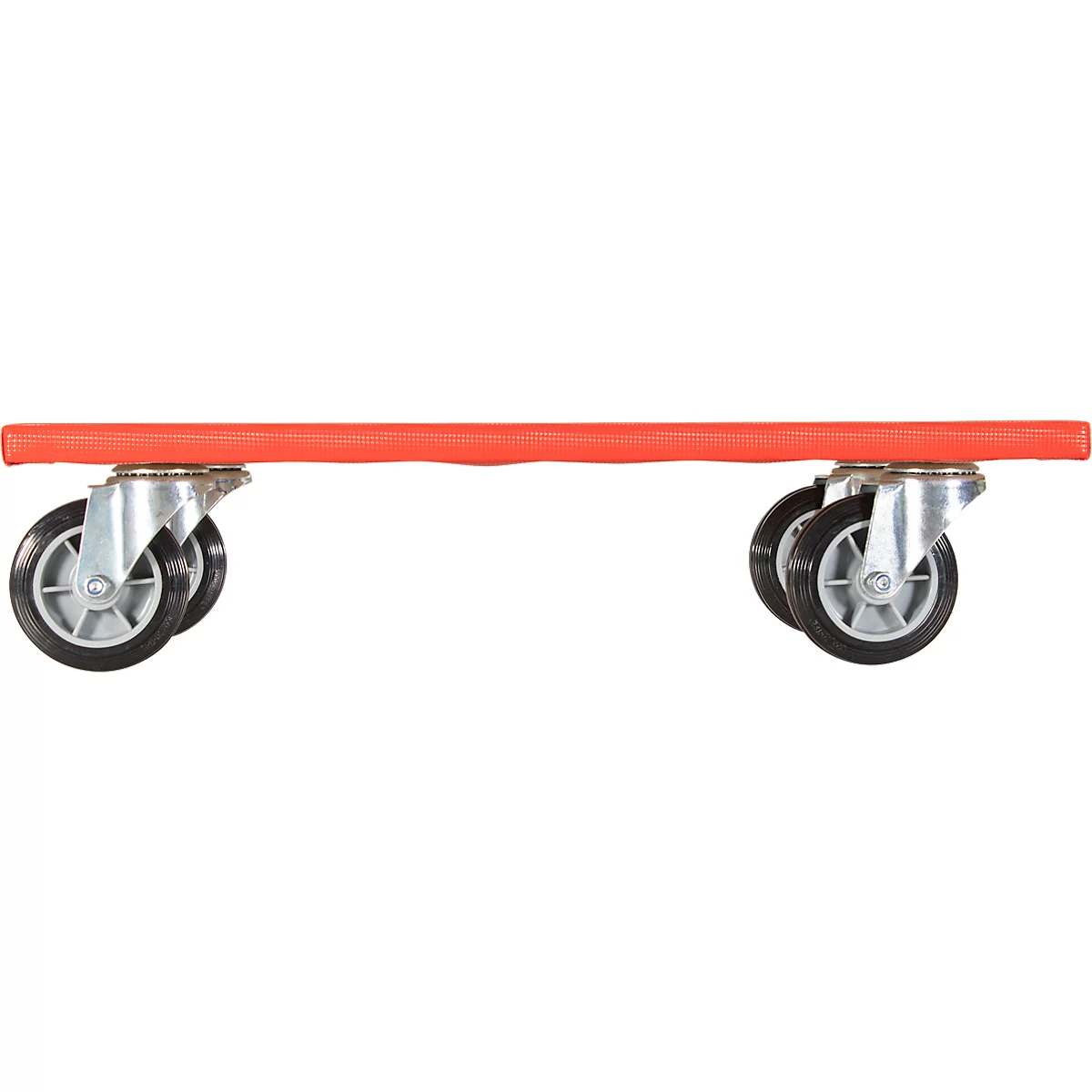 Ein roter Rollwagen mit vier Rädern. Die Räder sind an silbernen Halterungen befestigt.