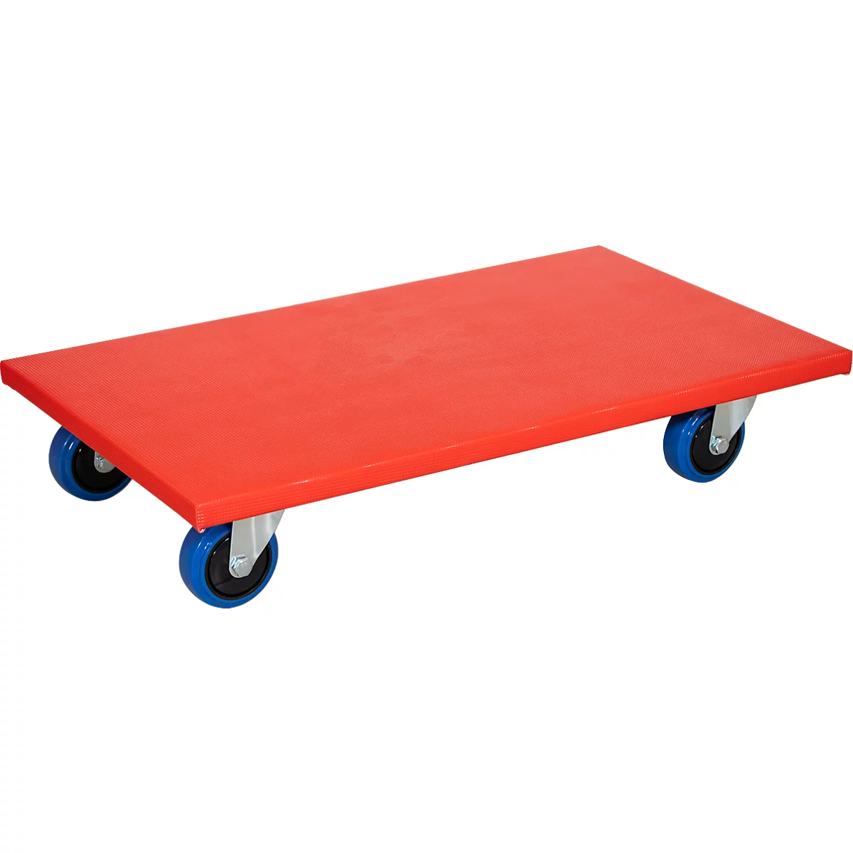 Roter Transportroller auf vier Rollen. Blaue Räder.