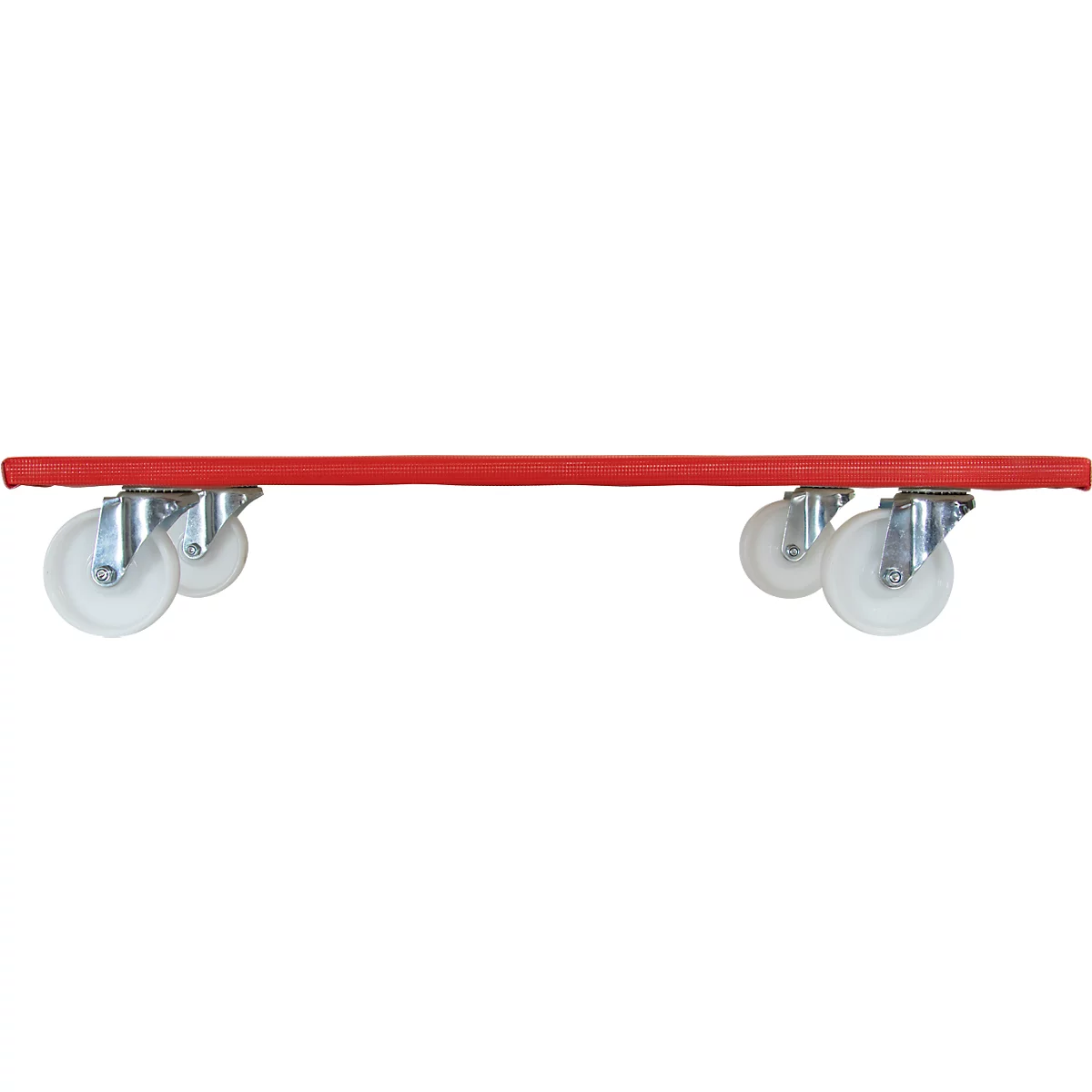Roter Transportroller mit vier transparenten Rollen auf weißem Hintergrund.