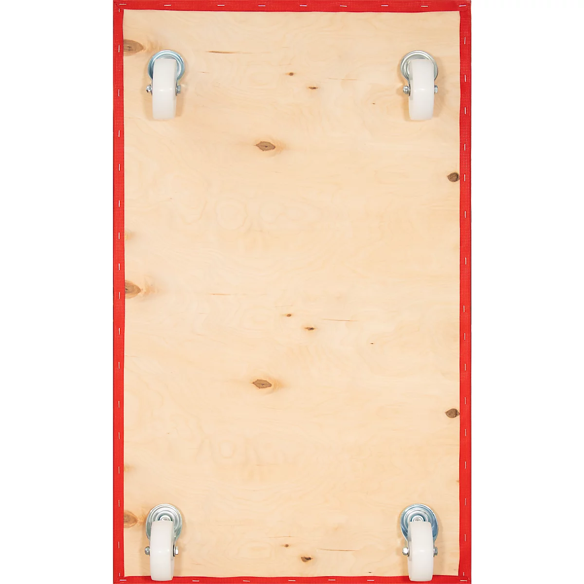 Rechteckige Holzplatte mit roten Rändern und Rollen an den Ecken.