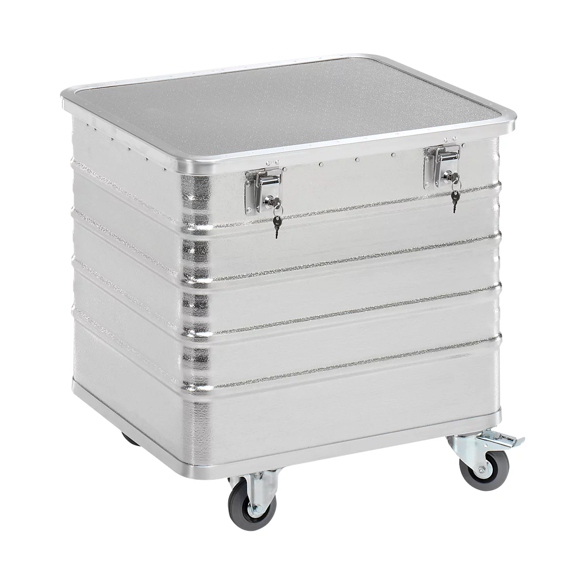 Caja de transporte plateada con tapa y ruedas.