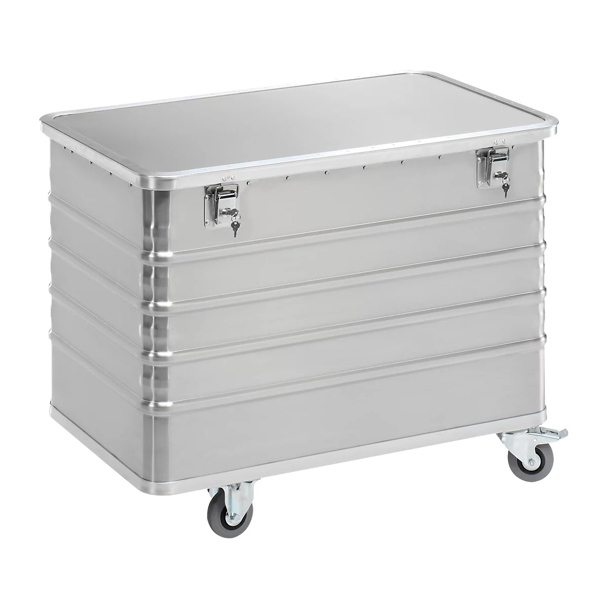 Caja de transporte de aluminio gris con ruedas, tapa y dos cerraduras.