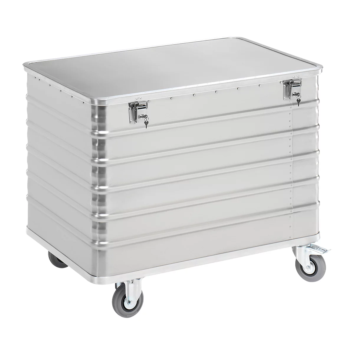 Caja de transporte metálica plateada con tapa, rodillos y cierres.