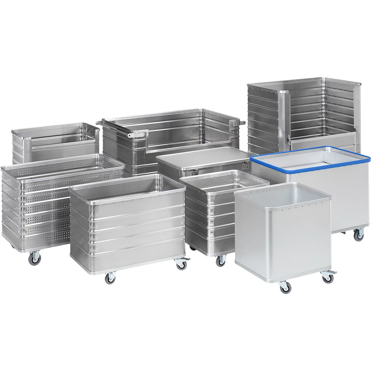 Verschiedene silberne Transportboxen mit Rollen. Die Boxen sind in verschiedenen Größen und Formen dargestellt.
