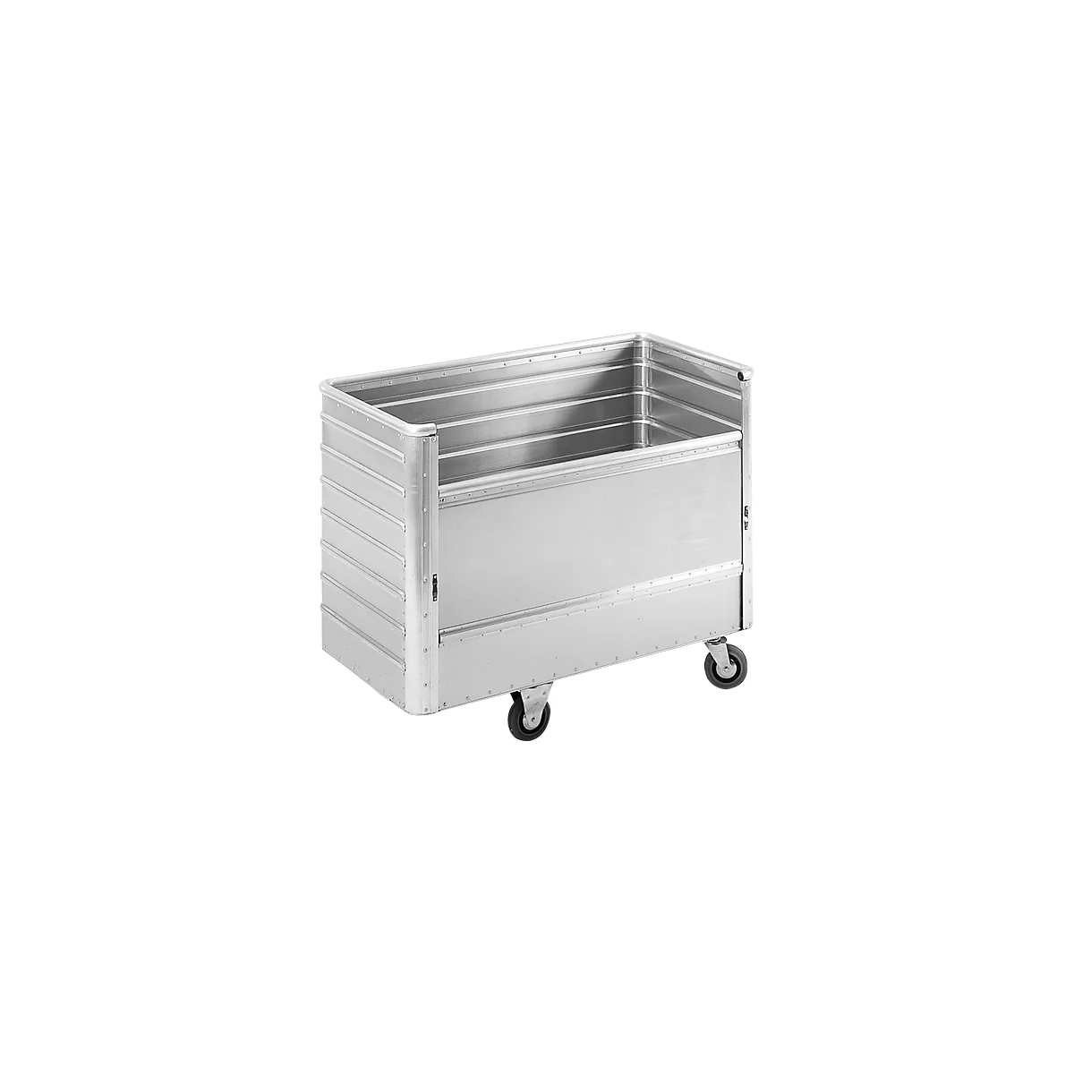 Ein silberner Transportwagen mit Rollen. Der Behälter ist rechteckig mit geriffelten Seiten und Ecken und leicht abgerundeten Kanten.