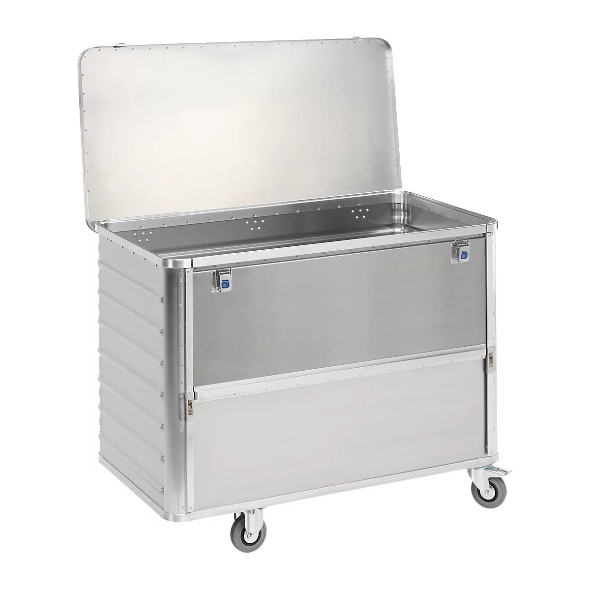 Silberfarbener, rechteckiger Transportwagen mit offenem Deckel. Der Wagen steht auf Rollen.