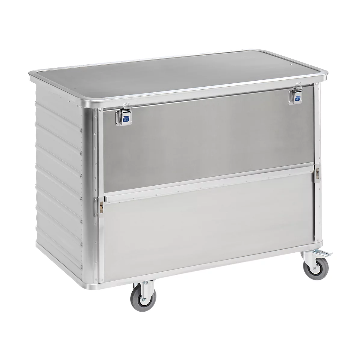 Ein silberfarbener Transportwagen mit Rollen.