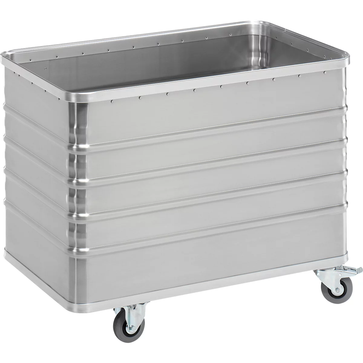Grote, rechthoekige metalen container op wielen.