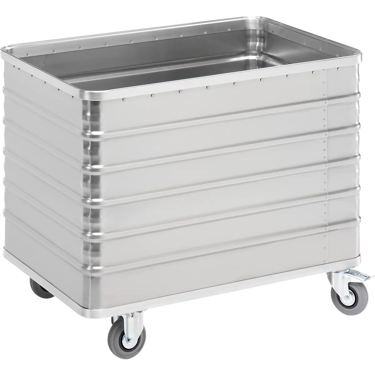 Zilveren metalen container op wielen, rechthoekig.