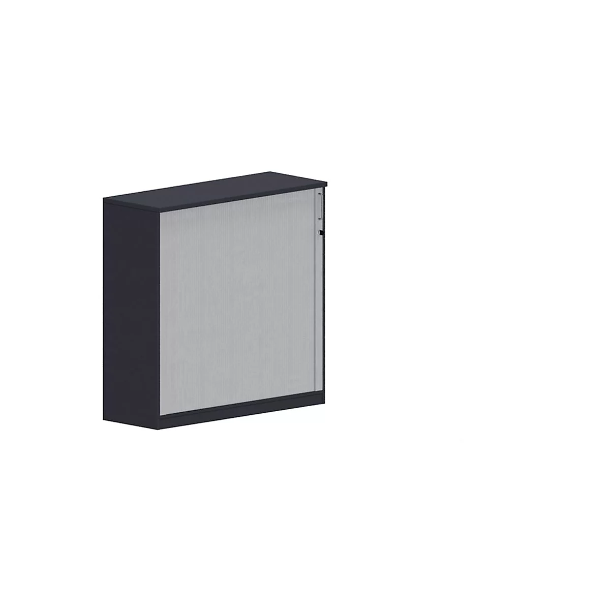 Dark blue cabinet with silver slatted door; standing against a white background.