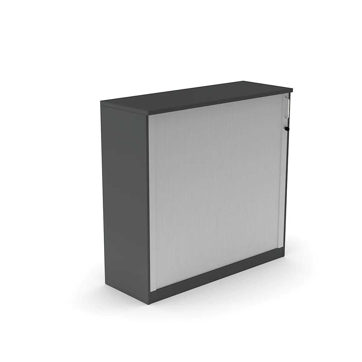 A grey cabinet with roller shutters on a white background.