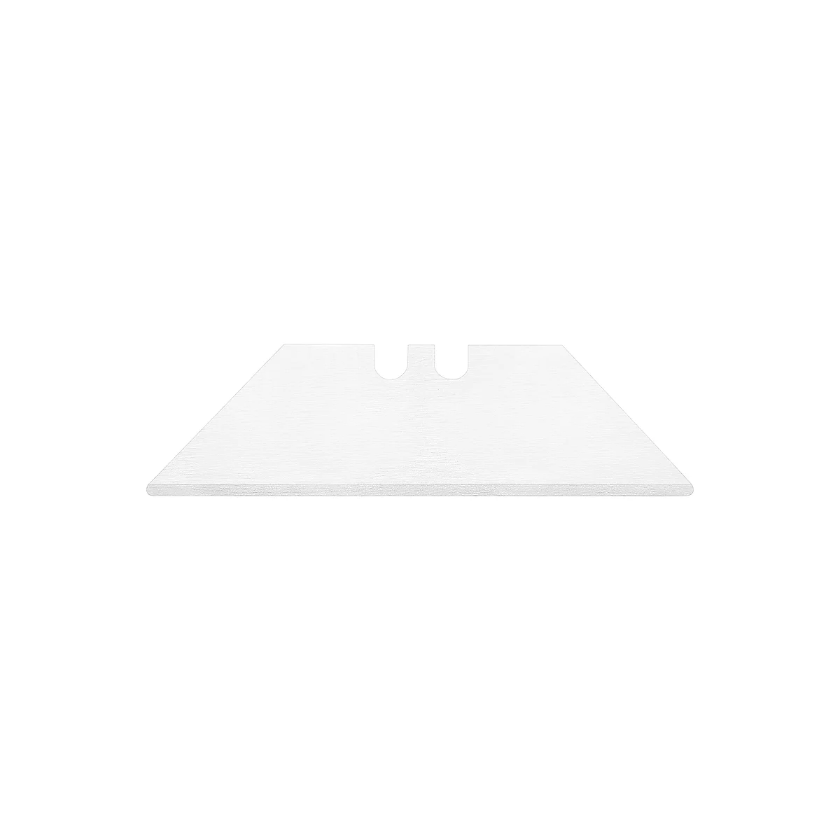 A single, light-colored razor blade with two semi-circular cutouts at the top for attachment to a holder.
