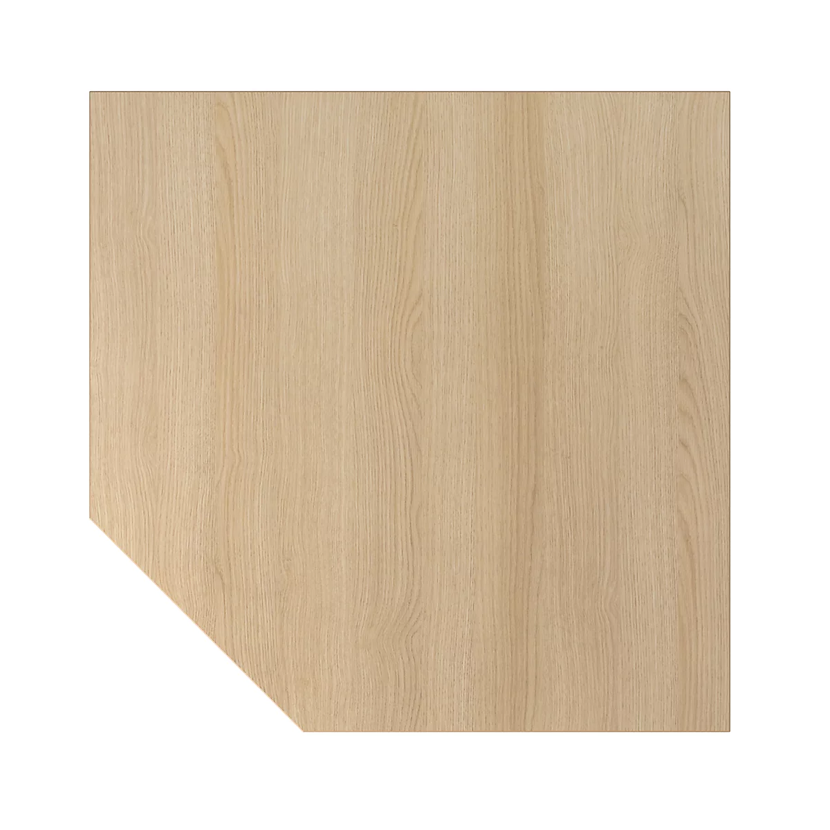 Square piece of wood with wood grain and beveled corner, isolated on a white background.