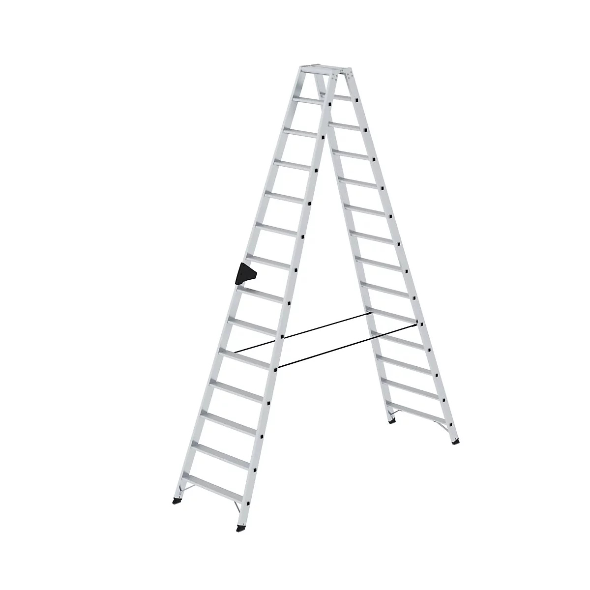 Een grijze, vrijstaande ladder tegen een witte achtergrond. De ladder heeft veel sporten en is aan de bovenkant verbonden.