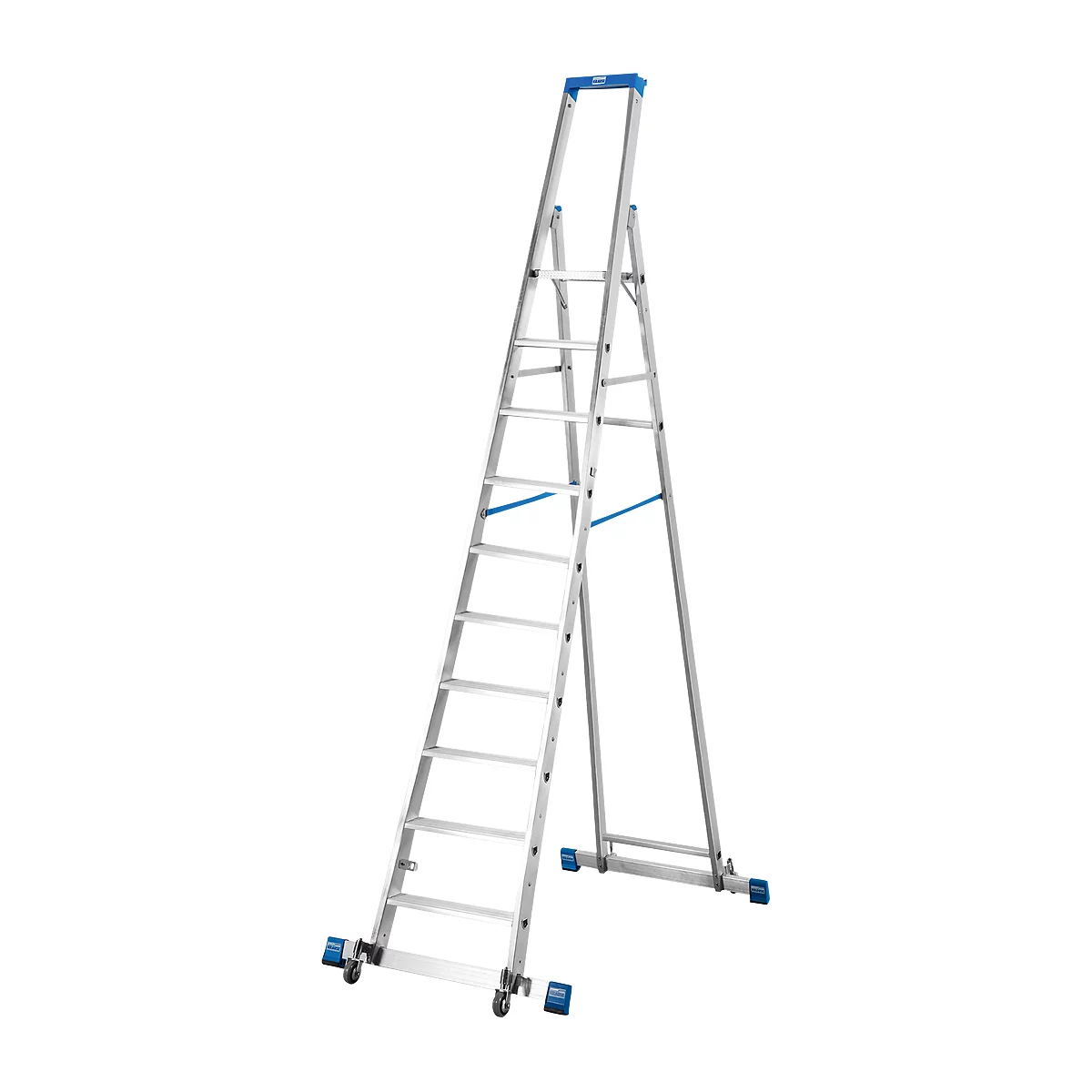 Trapladder, met 10 treden, aluminium, verrijdbaar met dwarssteun